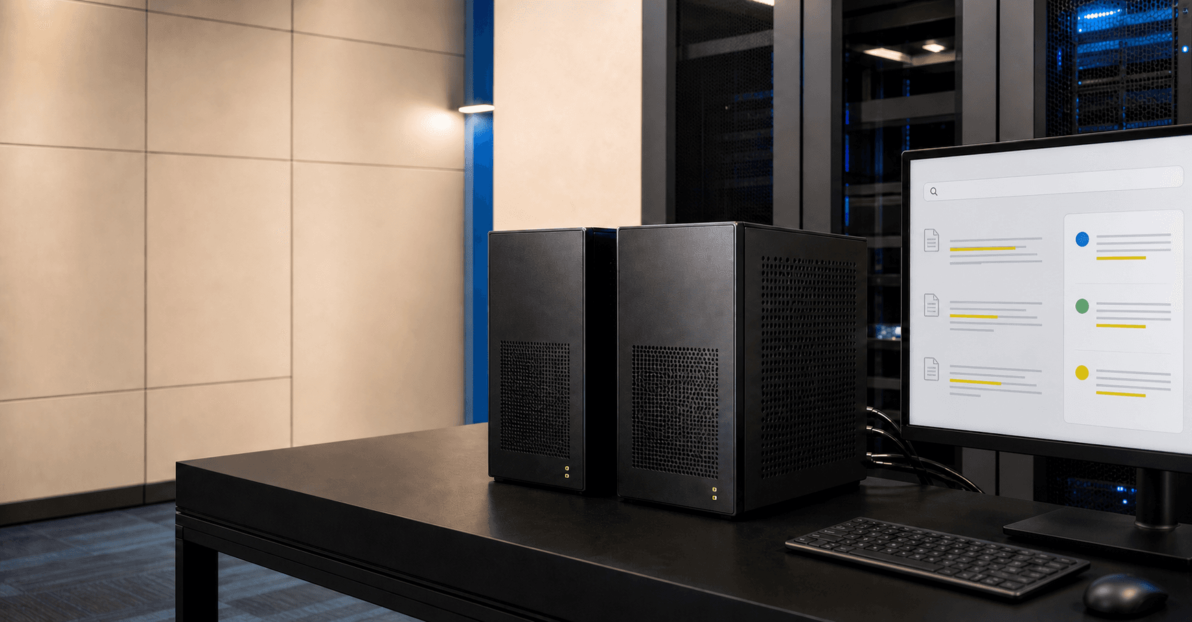 Dos equipos compactos de cómputo local en una instalación institucional